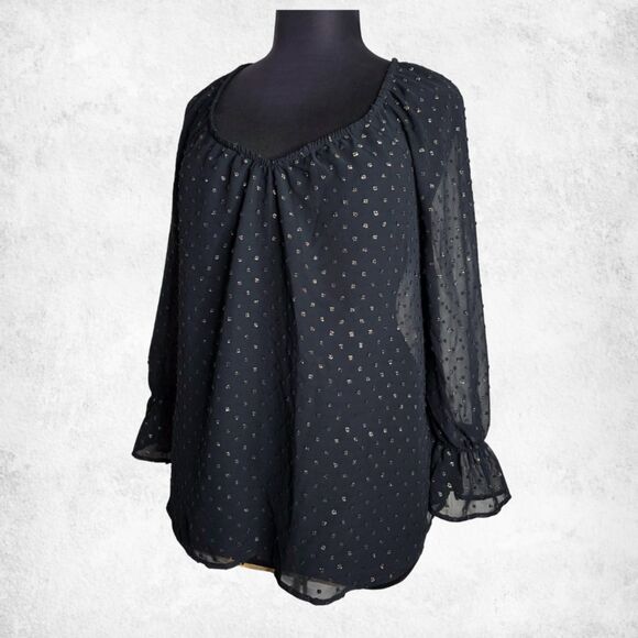 Lane Bryant Black Sheer Blouse 14/16 – Plus Size Metallic Dot Long Sleeve Top - Picture 1 of 6